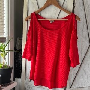 Guess Vibrant Red Striped Cold Shoulder Top